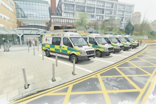 Watercolour of ambulances at the front of the hospital